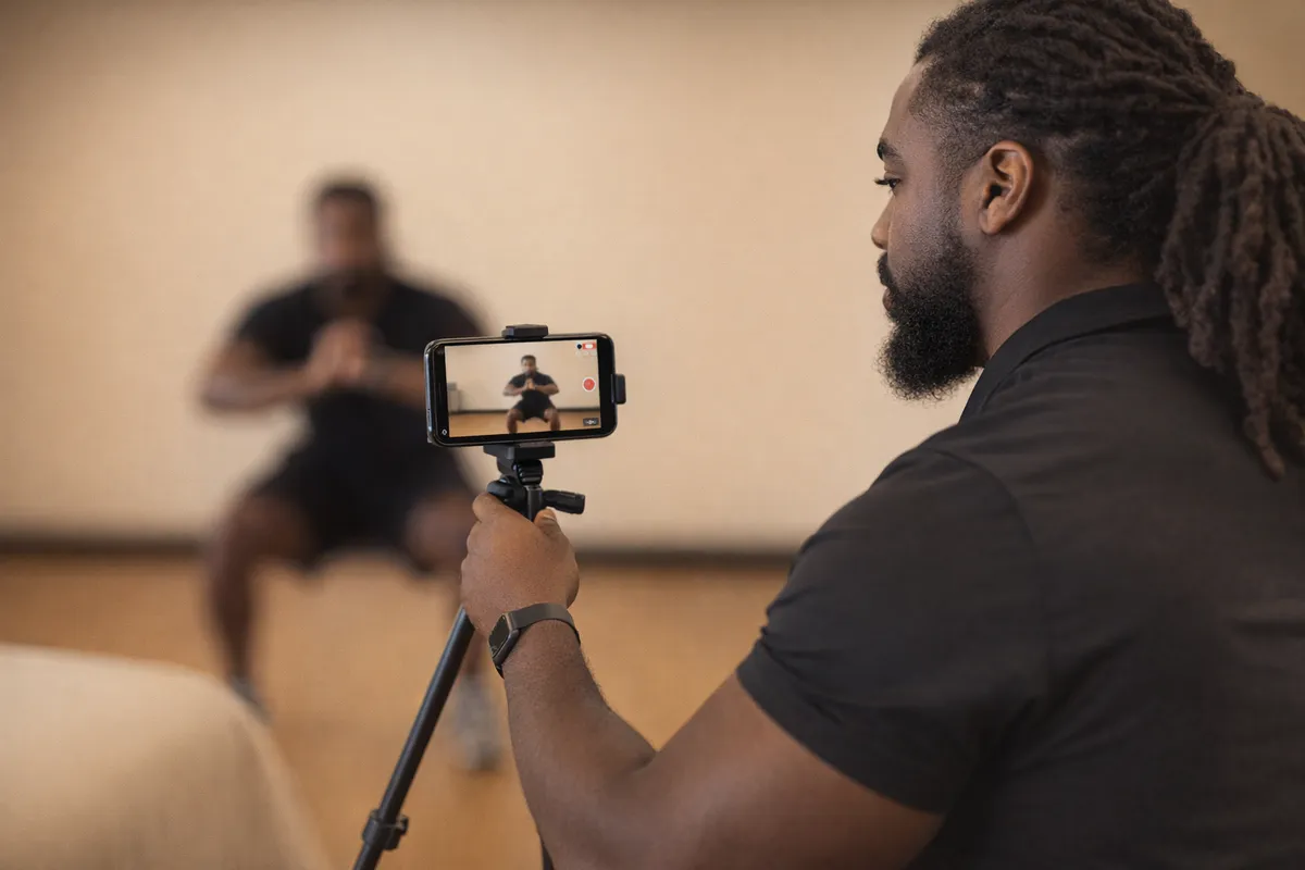 Jordan Pitts recording a client's squat for movement analysis