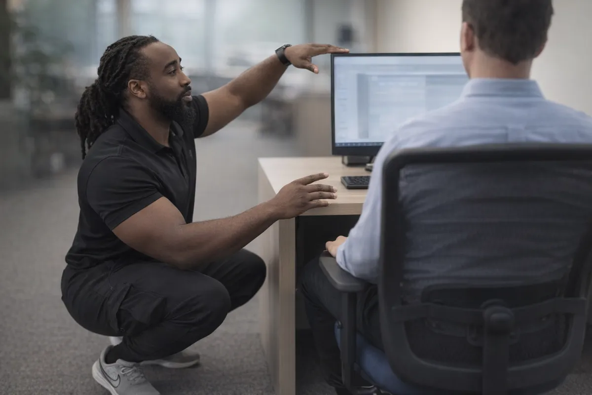 Jordan Pitts performing a workstation ergonomic assessment in an office