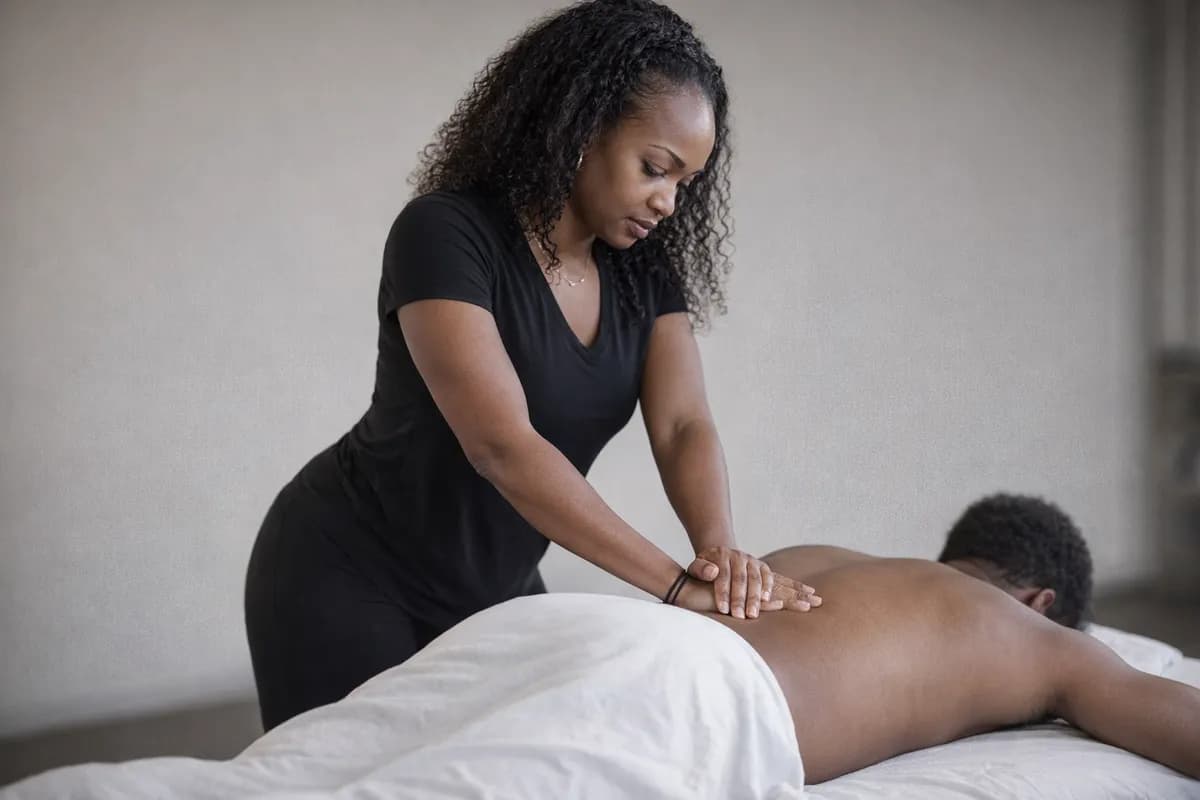 Jemeka Pitts working through a client's lower-back tension