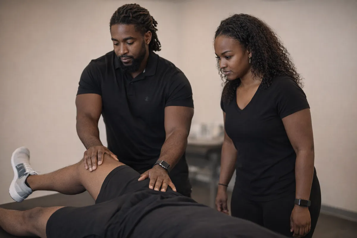 Jordan and Jemeka Pitts conducting a muscle activation assessment together