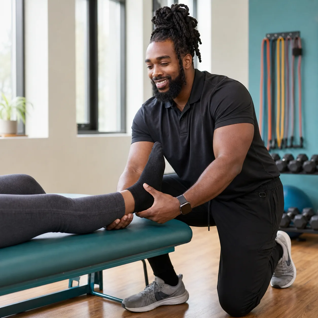 Jordan Pitts guiding a client's lower-leg rehabilitation assessment