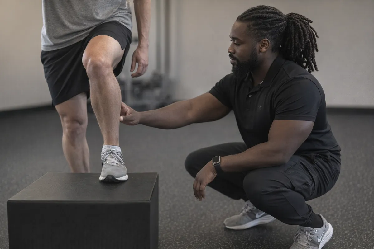 Jordan Pitts guiding a client through a controlled step-down for knee rehabilitation