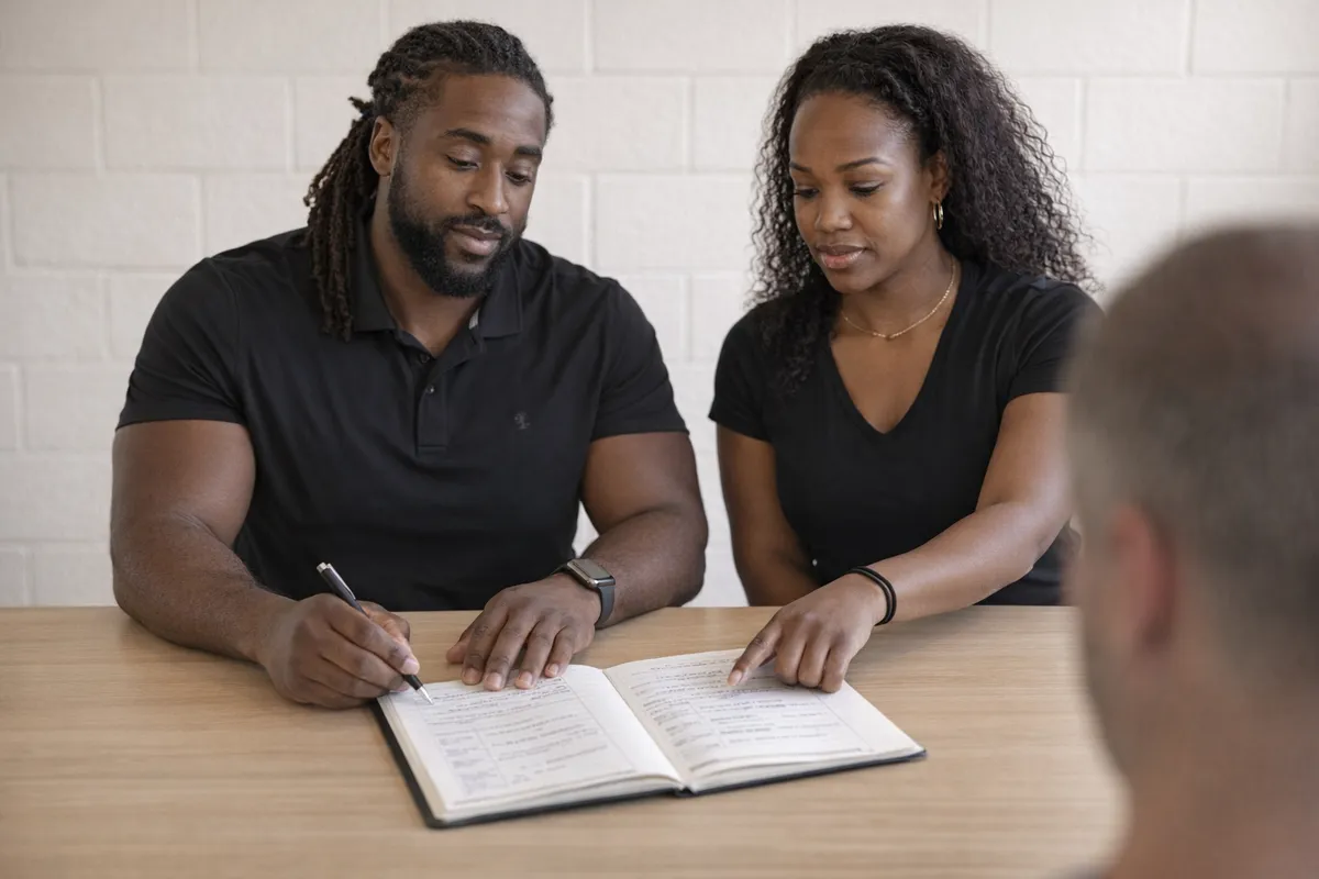 Jordan and Jemeka Pitts reviewing a wellness plan with a client